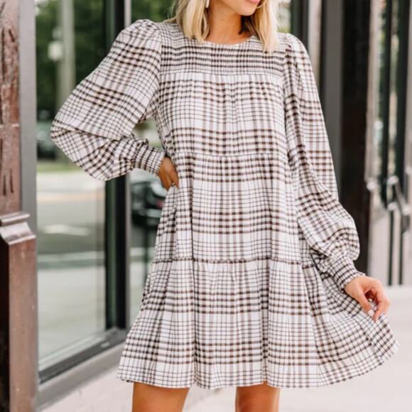 Mine Make Your Day Brown Plaid Babydoll Dress M - Picture 1 of 9
